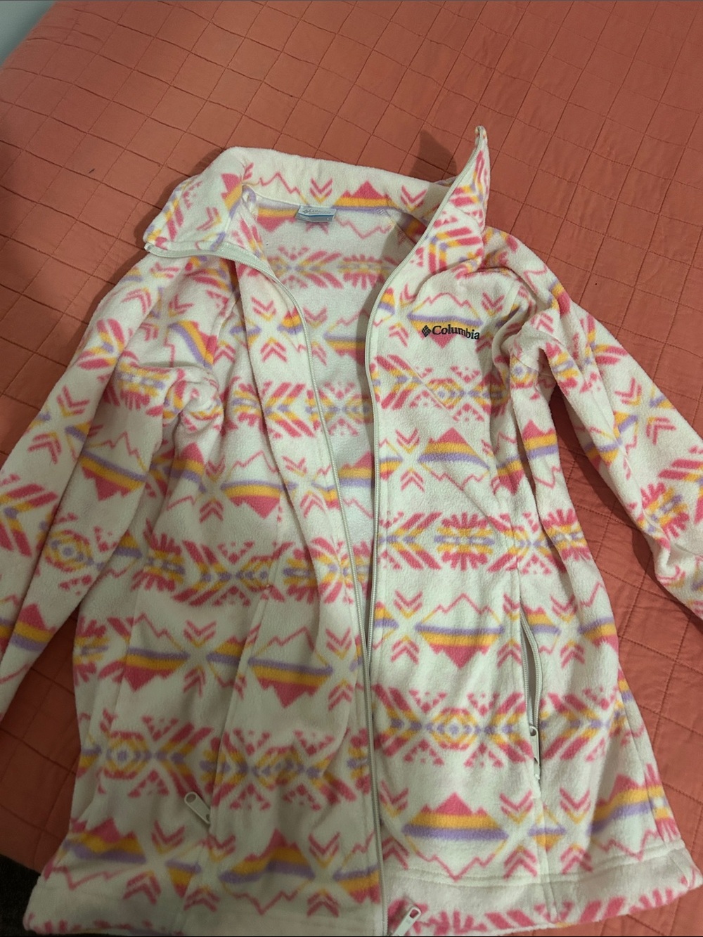 Columbia Cream Patterned Teddy Fleece Jacket with Pink & Yellow Accents